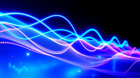 3D illustration of abstract digital wave of glowing particles on dark background