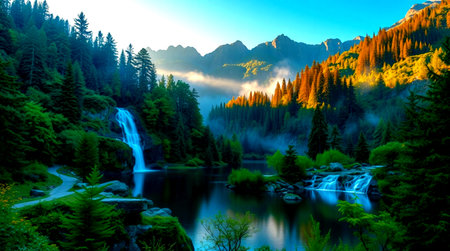 Waterfall in the mountains at sunrise. Dolomites, Italyの写真素材