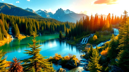 Mountain lake and forest at sunset. The concept of active, ecological and photo tourismの写真素材