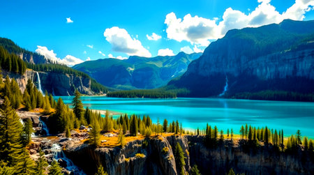 Panoramic view of Emerald Lake in Yoho National Park, Canadaの写真素材