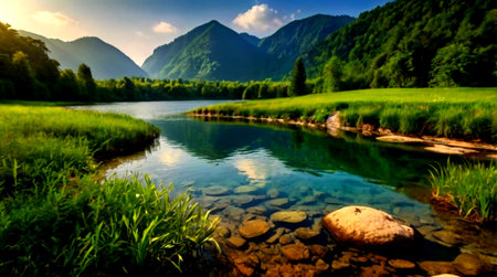 Beautiful mountain lake with clear water and green grass in the foregroundの写真素材