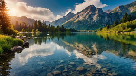 Mountain lake with clear water and reflection of mountains in it.の写真素材