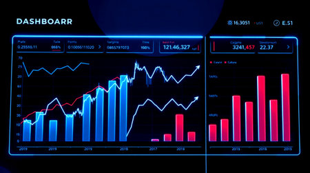 Futuristic screen display with stock market graphs and charts. 3d renderingの写真素材