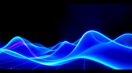 Abstract blue wave on black background. Futuristic technology style. 3D rendering.の写真素材