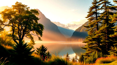 Natural landscape of New Zealand alpine lake and mountain range with fogの写真素材