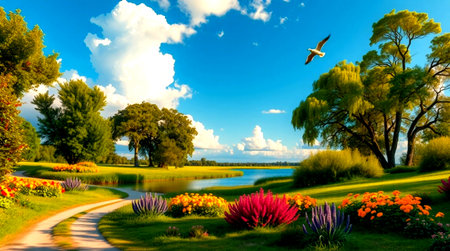 Landscape view of a lake with flowers and a bird in the skyの写真素材