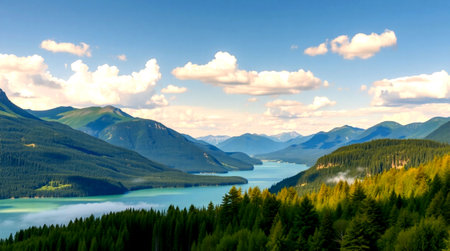 Mountain lake. Panoramic view of the alpine lake.
