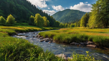 Landscape with a mountain river in the Altai Republic, Russiaの写真素材