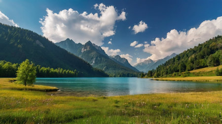 Panoramic view of Karagol (Black lake) in Karagol national park, Kyrgyzstan