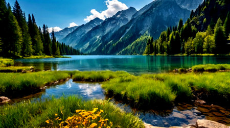 panoramic view of alpine lake in the italian alpsの写真素材