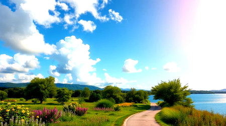 Beautiful summer landscape with blue sky, lake and green grass.の写真素材