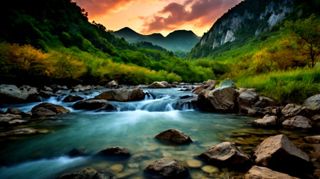 Mountain river in the mountains at sunset. Beautiful natural landscape.