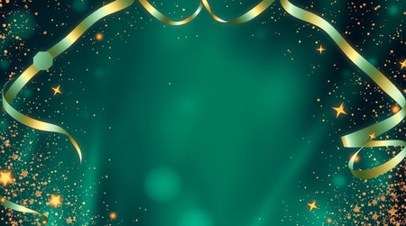 Green background with golden ribbons and confetti. Vector illustration.の写真素材
