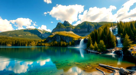 Beautiful lake with a waterfallの写真素材