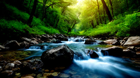 Mountain river flowing through the green forest. Nature landscape background.