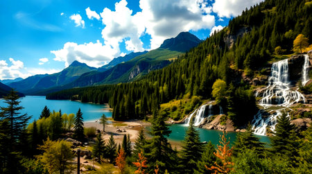 Waterfall in the mountains. Beautiful landscape of Lake Louise, Banff National Park, Alberta, Canada