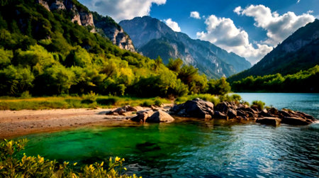 Panoramic view of the river and mountains in Montenegro.の写真素材