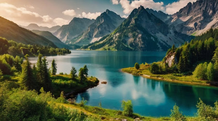 Panoramic view of beautiful alpine lake in the mountains.の写真素材