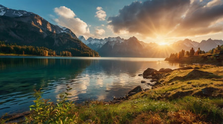 Panoramic view of beautiful lake in the mountains at sunset.の写真素材
