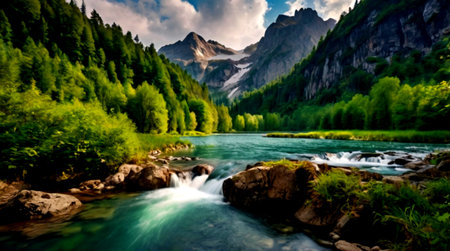 Panoramic view of the mountain river in the Alpsの写真素材