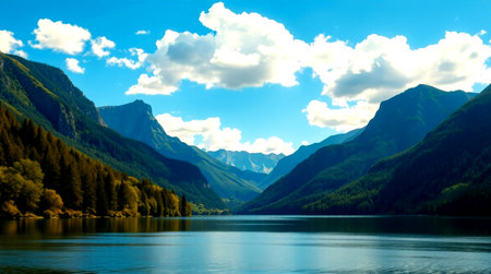 Mountain lake in the Alps. Panoramic view of the lake.