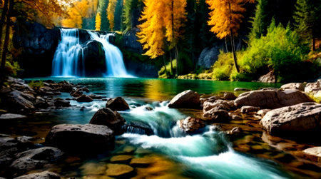 Beautiful waterfall in autumn forest. Nature background. Beautiful landscape.