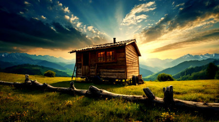 Wooden cottage in the mountains at sunset. Carpathians, Ukraineの写真素材