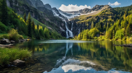 Panoramic view of a mountain lake in the Swiss Alps.の写真素材