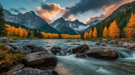 Panoramic view of a mountain river at sunset. Beautiful autumn landscape.