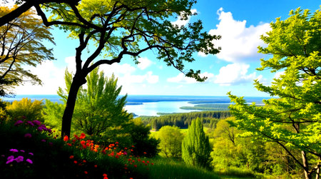 Beautiful spring landscape with lake and trees on a sunny day.の写真素材