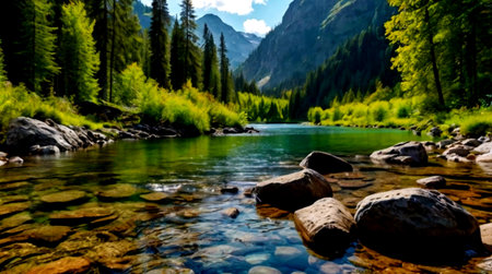 Mountain river in the mountains. Beautiful landscape with a mountain river.