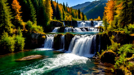 Panoramic view of the beautiful waterfall in the autumn forest.