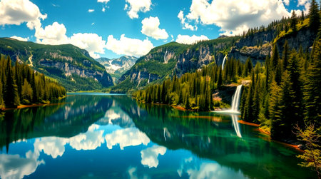 Panoramic view of the famous Braies lake in Dolomites, Italy