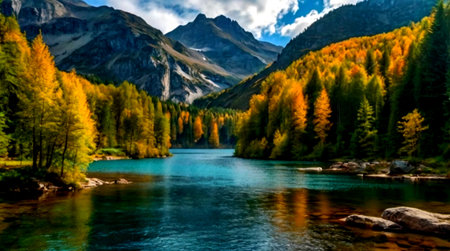 Beautiful summer landscape with mountain lake and snow-capped peaks