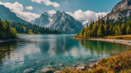 Panoramic view of the lake in the Dolomites, Italy