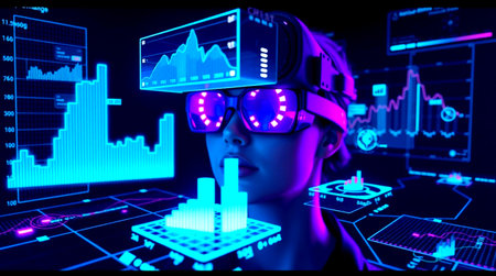 3D rendering of a female cyborg with a virtual projection of a business chart