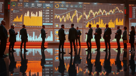 Group of business people standing in front of a monitor with stock market data
