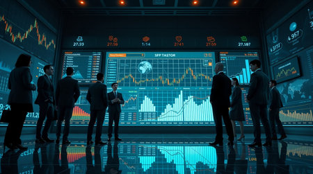 Group of business people looking at stock market infographs. Mixed media