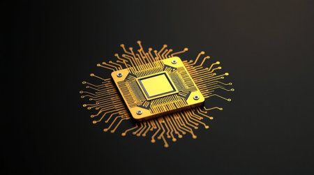 Circuit board isolated on black background. Computer processor chip. 3d render