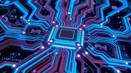 Circuit board with glowing microchip. Technology and science concept. 3D Rendering