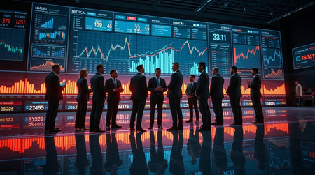 Silhouette of a group of business people standing in front of a monitor of stock market data
