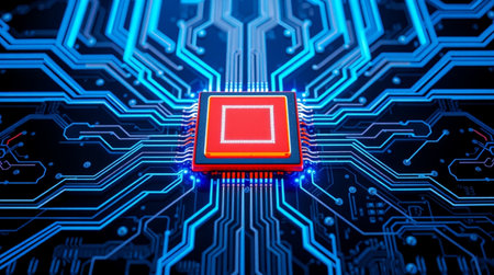 Circuit board with microchip. 3d rendering, 3d illustration.