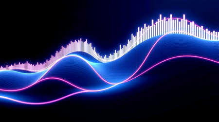 abstract 3d illustration of sound wave with glowing lines on dark backgroundの写真素材