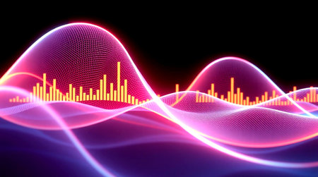 Futuristic sound wave with glowing lines on black background. 3d rendering