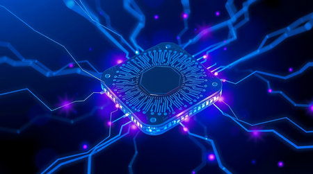 Futuristic processor chip on a blue background. 3d rendering