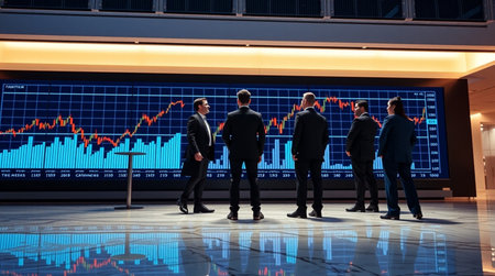 business, people, technology and stock market concept - group of smiling businessmen looking at...