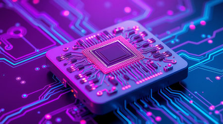 Close-up of electronic microchip on circuit board. 3D rendering
