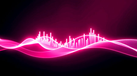 abstract wave music equalizer technology background, glowing lines and bokehの写真素材