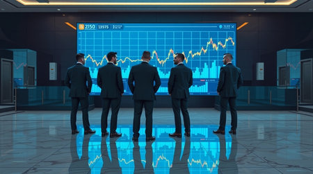 Business people in modern interior looking at forex chart 3D rendering
