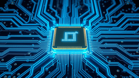 Circuit board background with glowing microchip. Technology and innovation concept. 3D Rendering